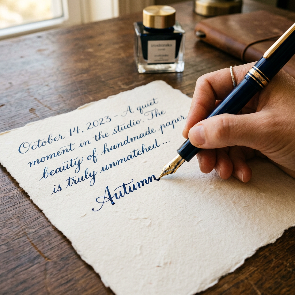 Handwriting in blue ink on handmade paper using fountain pen